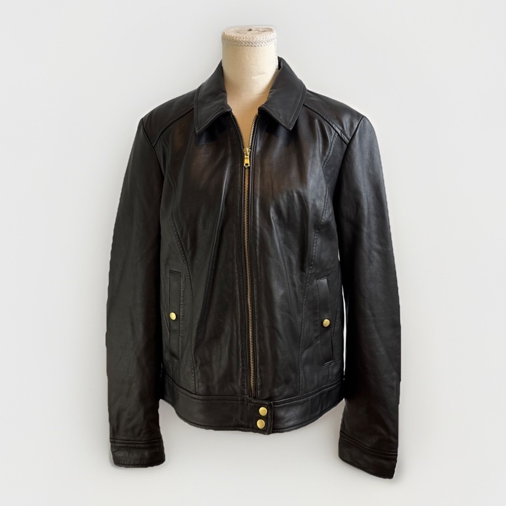 Cole Haan Lambskin Leather Moto Jacket Womens L Black Zip Front Quiet Luxury